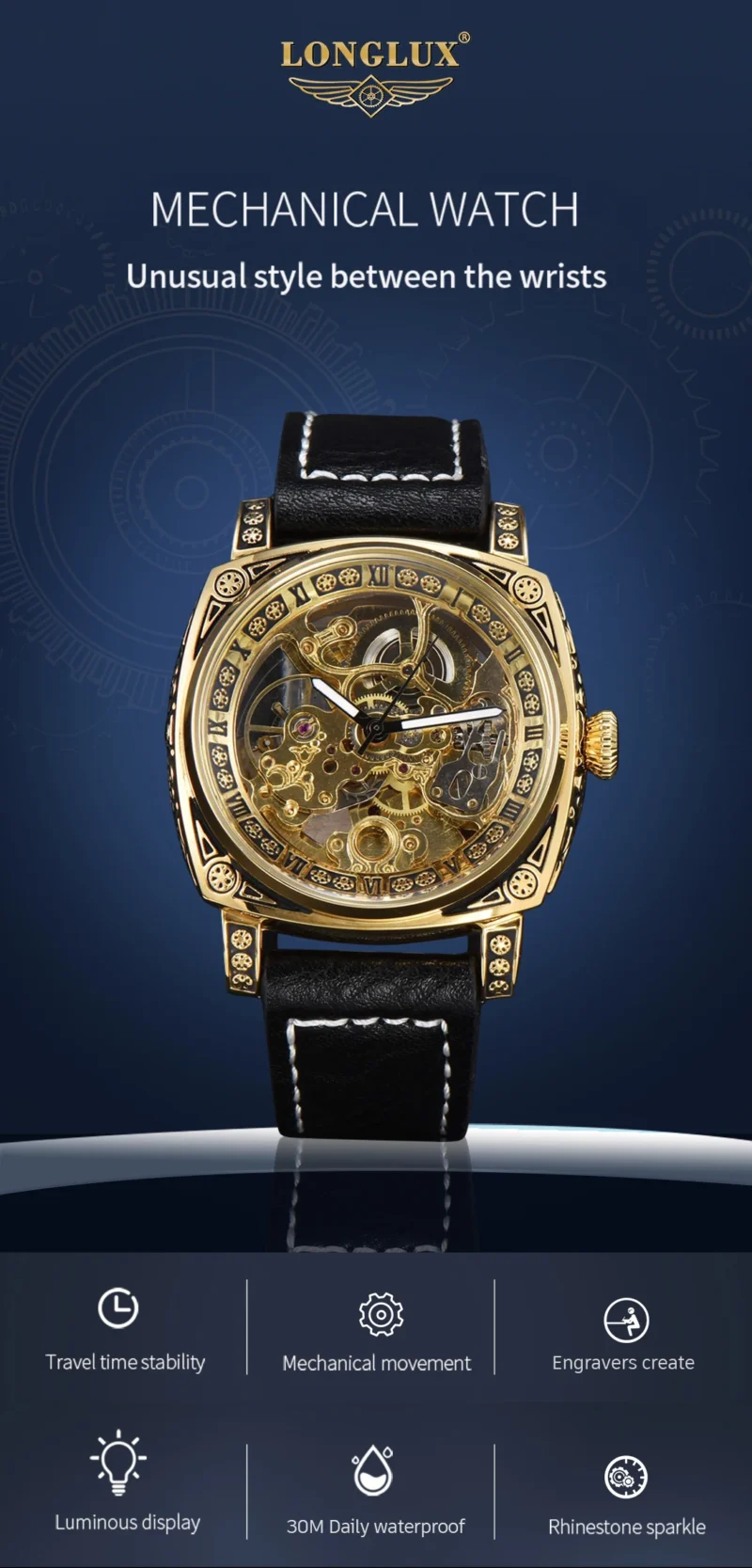 LONGLUX automatic watch retro style wholesale mechanical wristwatches skeleton carve waterproof leather no logo mens watch