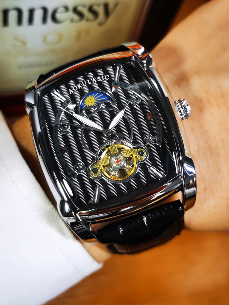 AOKULASIC Tourbillon Skeleton Mechanical Watch for Men Luminous Hands Leather Strap Fashion Business Mens Watches Top Brand Gift