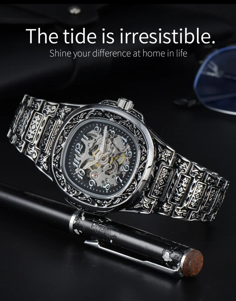 LONGLUX Automatic mechanical watch alloy steel vintage retro luxury waterproof skeleton ffordable 40mm wholesale Watch for Men