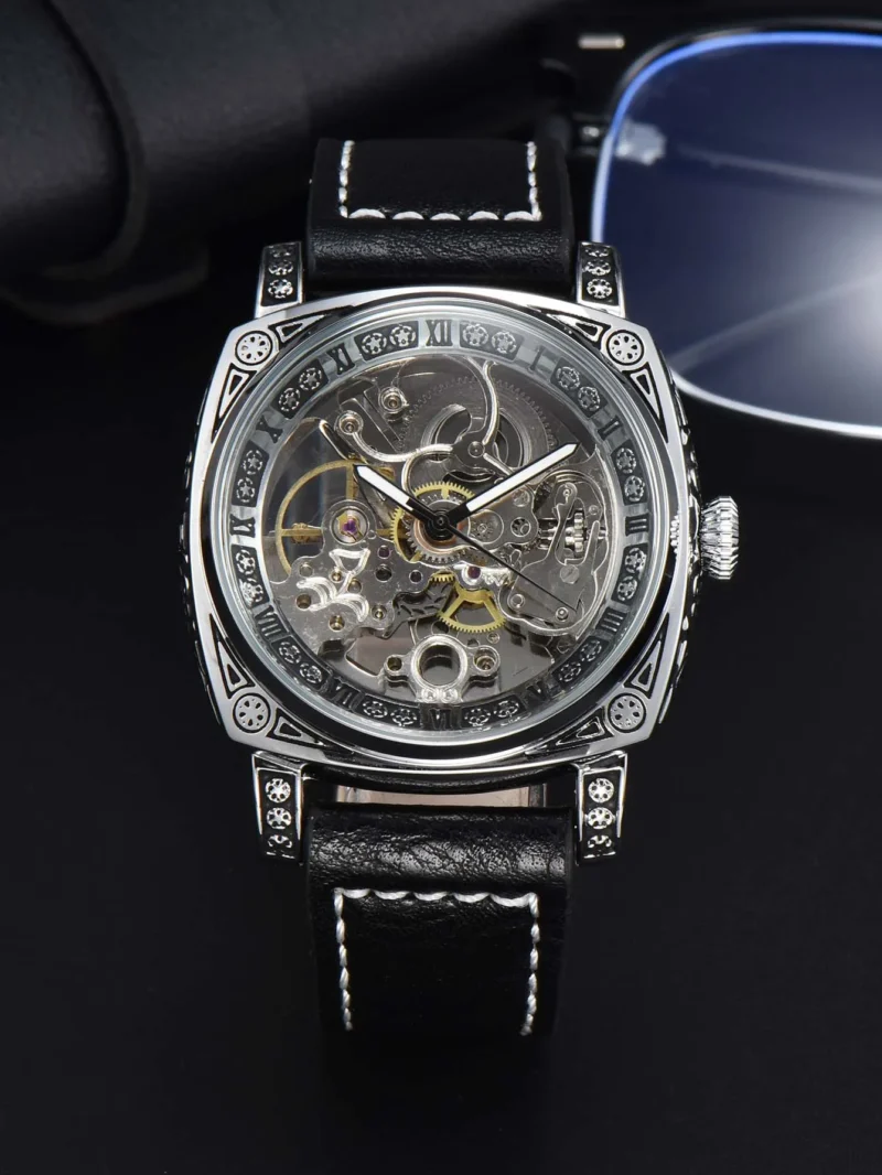 LONGLUX automatic watch retro style wholesale mechanical wristwatches skeleton carve waterproof leather no logo mens watch