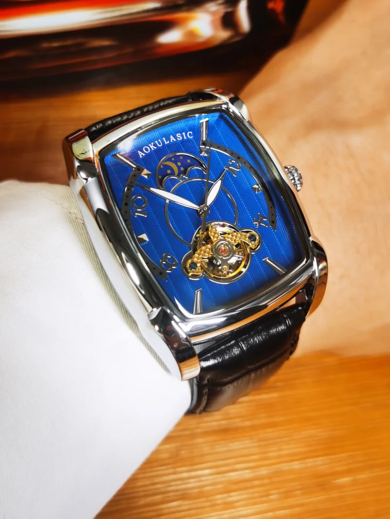 AOKULASIC Tourbillon Skeleton Mechanical Watch for Men Luminous Hands Leather Strap Fashion Business Mens Watches Top Brand Gift