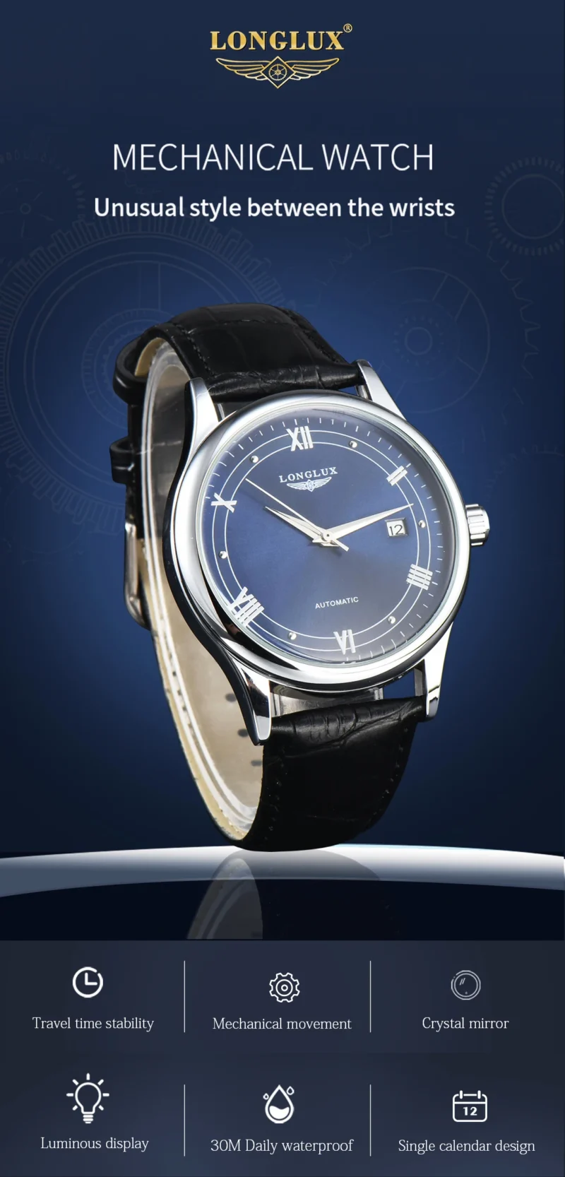 LONGLUX automatic man watch wholesale mechanical watches simple versatile date waterproof fashion leather man watch men gift