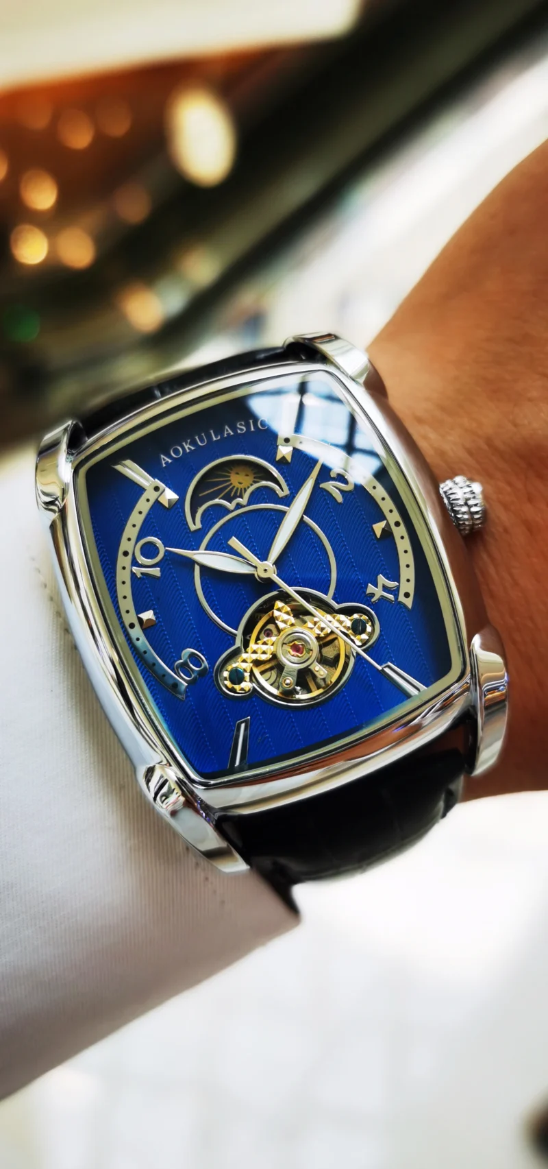 AOKULASIC Tourbillon Skeleton Mechanical Watch for Men Luminous Hands Leather Strap Fashion Business Mens Watches Top Brand Gift