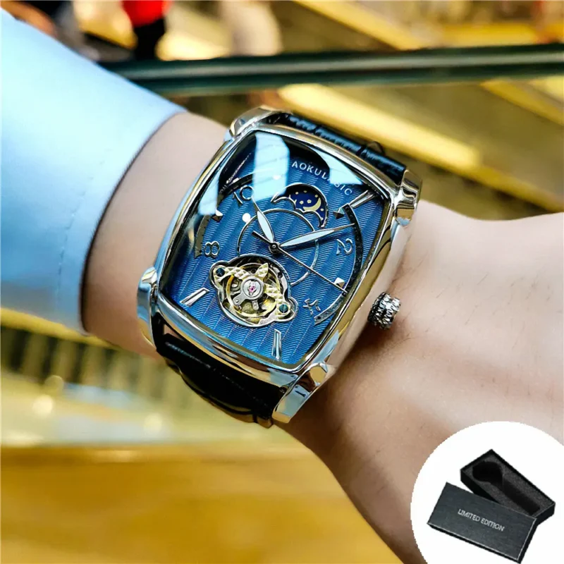 AOKULASIC Tourbillon Skeleton Mechanical Watch for Men Luminous Hands Leather Strap Fashion Business Mens Watches Top Brand Gift