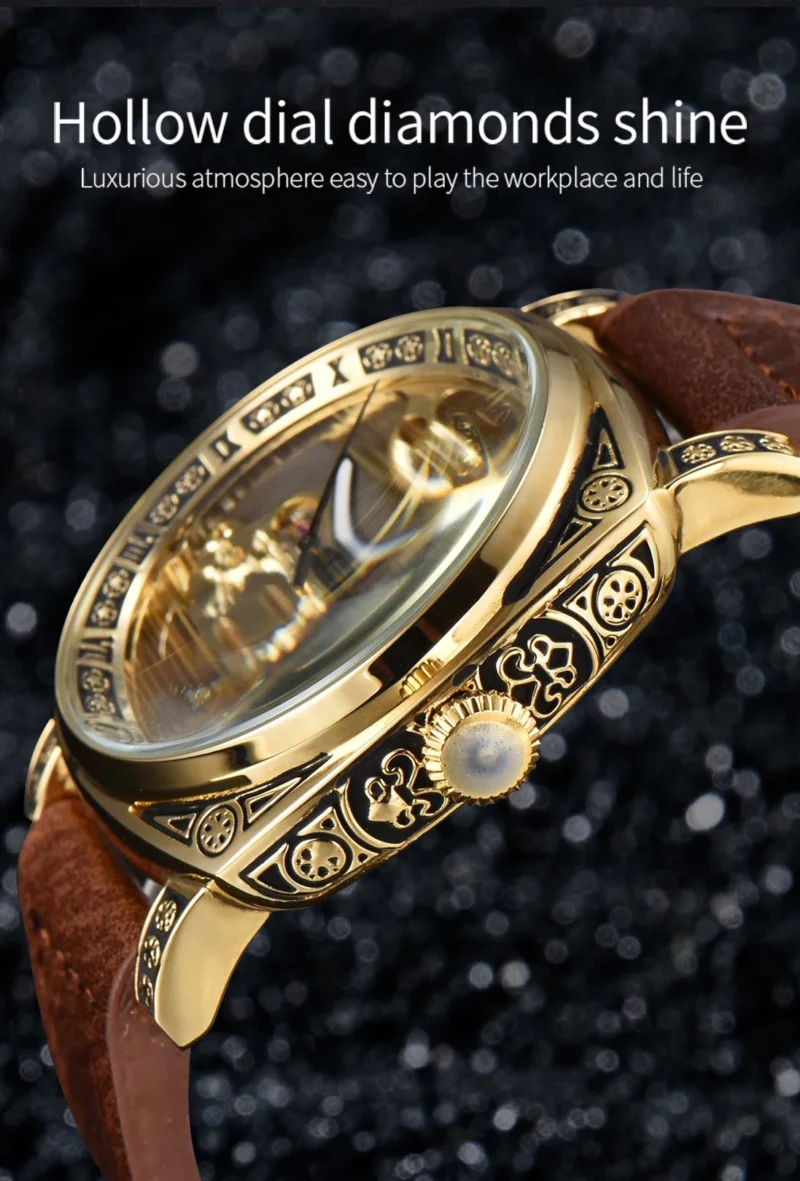 LONGLUX automatic watch retro style wholesale mechanical wristwatches skeleton carve waterproof leather no logo mens watch