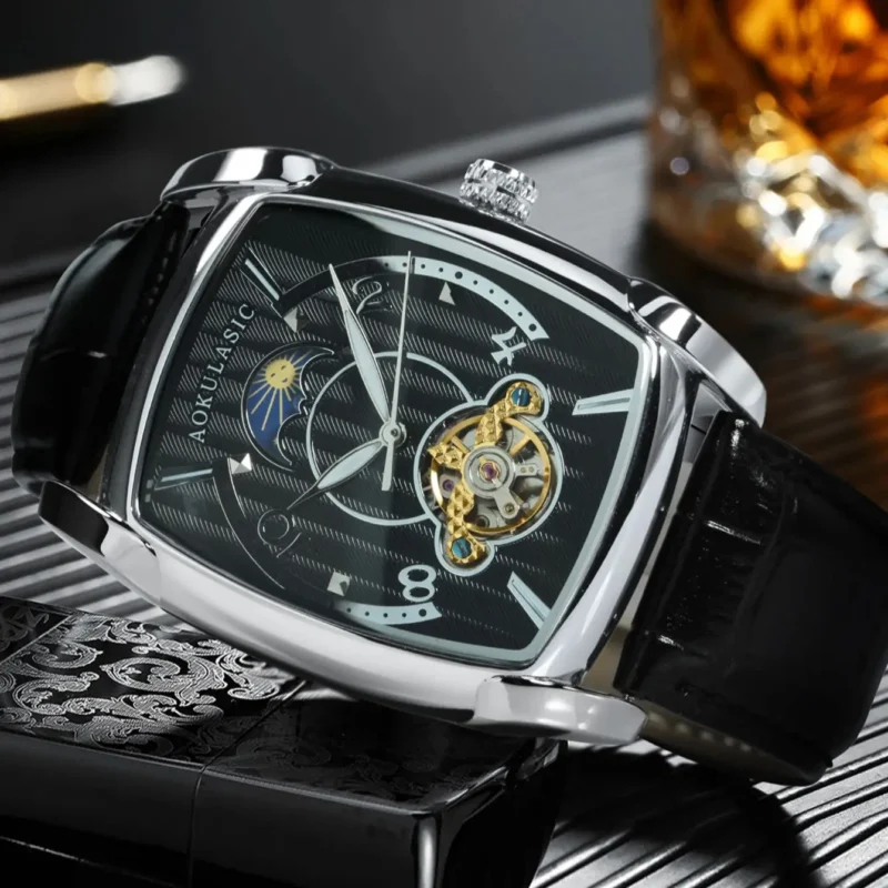 AOKULASIC Tourbillon Skeleton Mechanical Watch for Men Luminous Hands Leather Strap Fashion Business Mens Watches Top Brand Gift