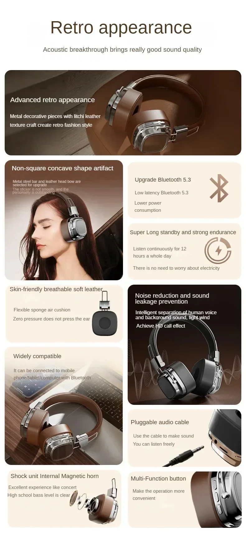 2025 New 5.3 Foldable Wireless Bluetooth Headsets Headset Gamer Choice Retro Over Ear Headphones DJ Stereo Sounds Bluetooth