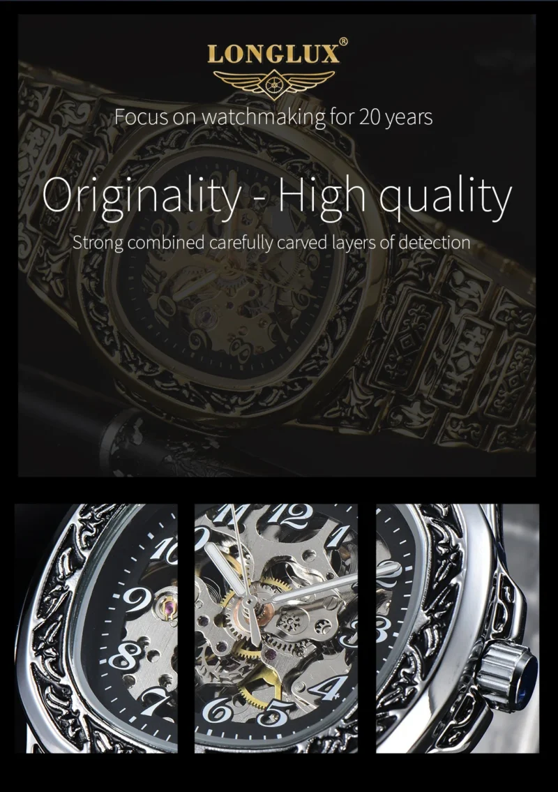 LONGLUX Automatic mechanical watch alloy steel vintage retro luxury waterproof skeleton ffordable 40mm wholesale Watch for Men