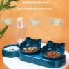 Pet Bowls With Water Feeder, 3 In 1 Ear Design Tilted Cat Water And Food Bowl Set With Gravity Water Bottle For Neck Protection