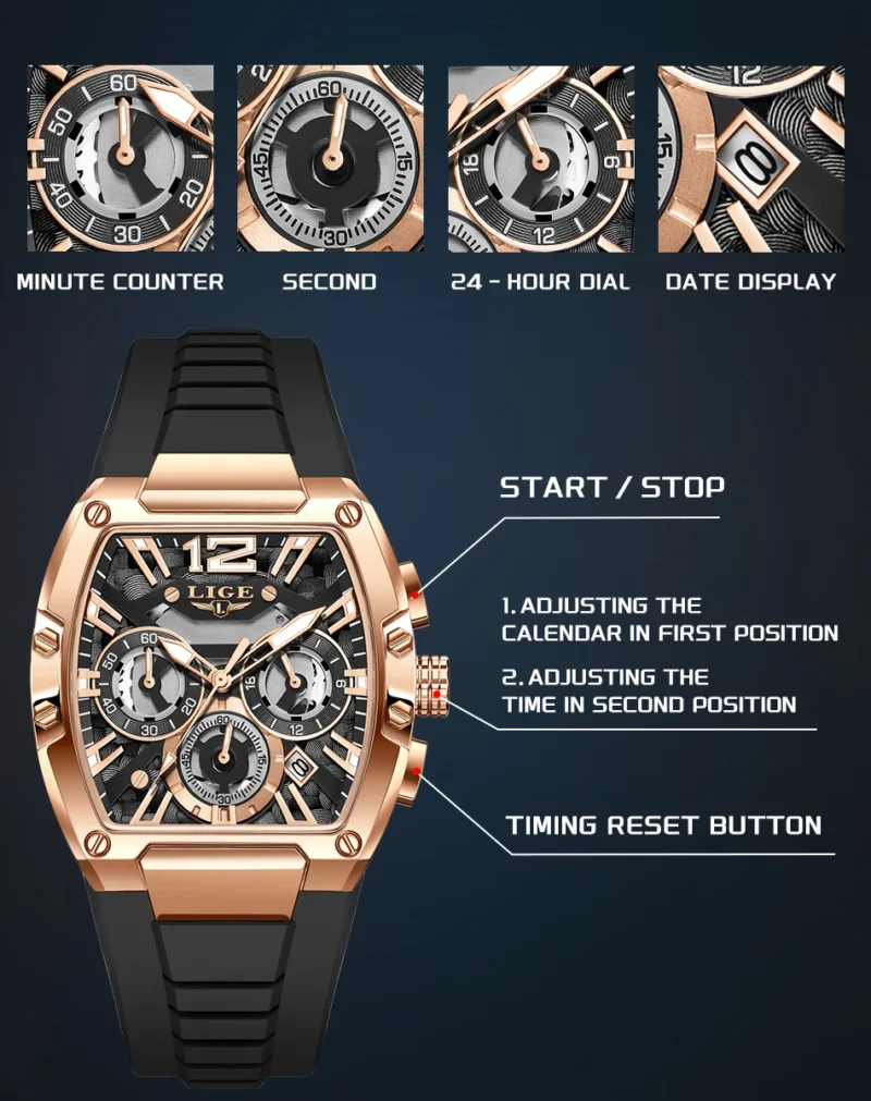 LIGE Sports Man Watch Tonnea Hollow Design Quartz Men Wristwatches Chronograph Waterproof Luminous Silicone Strap Watches Male