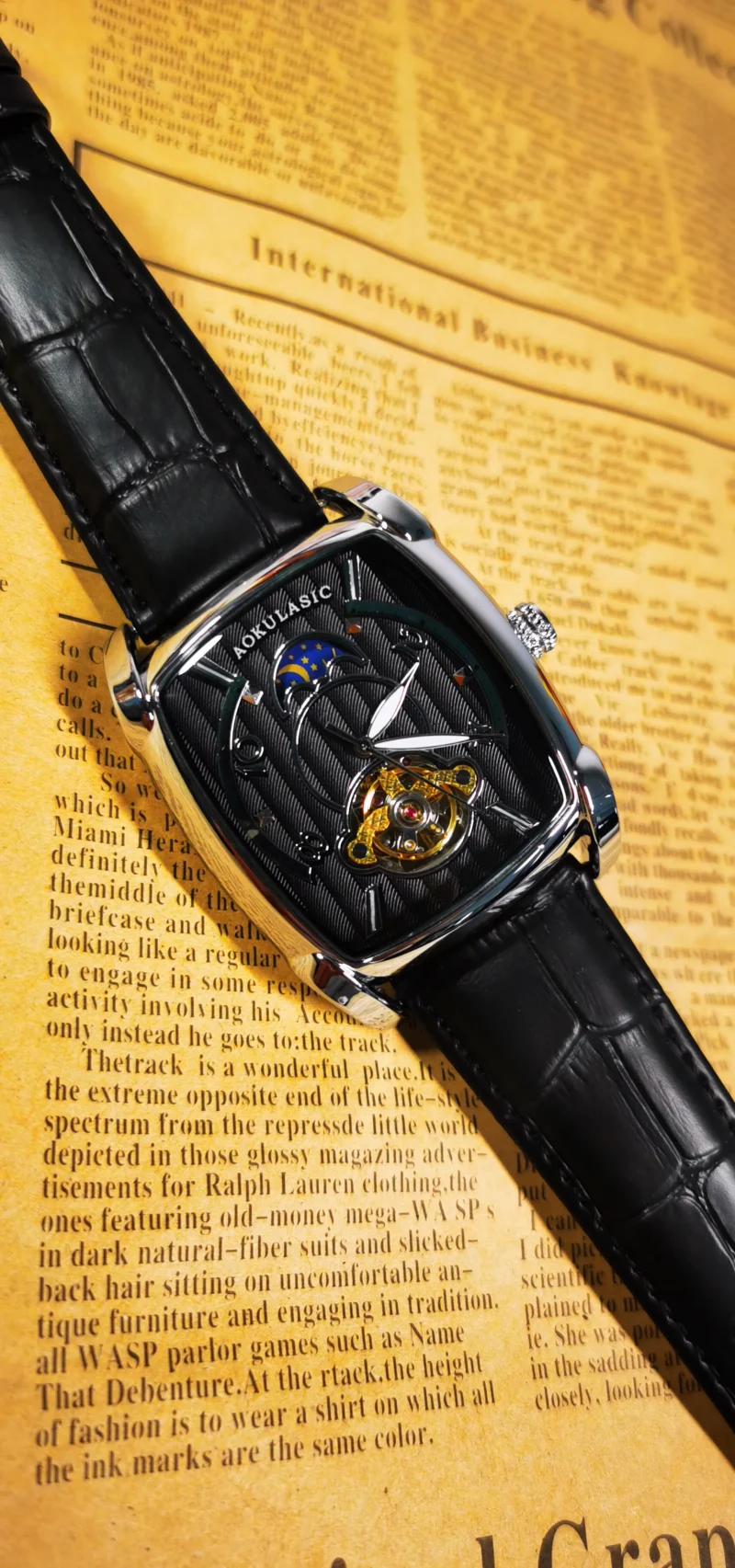 AOKULASIC Tourbillon Skeleton Mechanical Watch for Men Luminous Hands Leather Strap Fashion Business Mens Watches Top Brand Gift