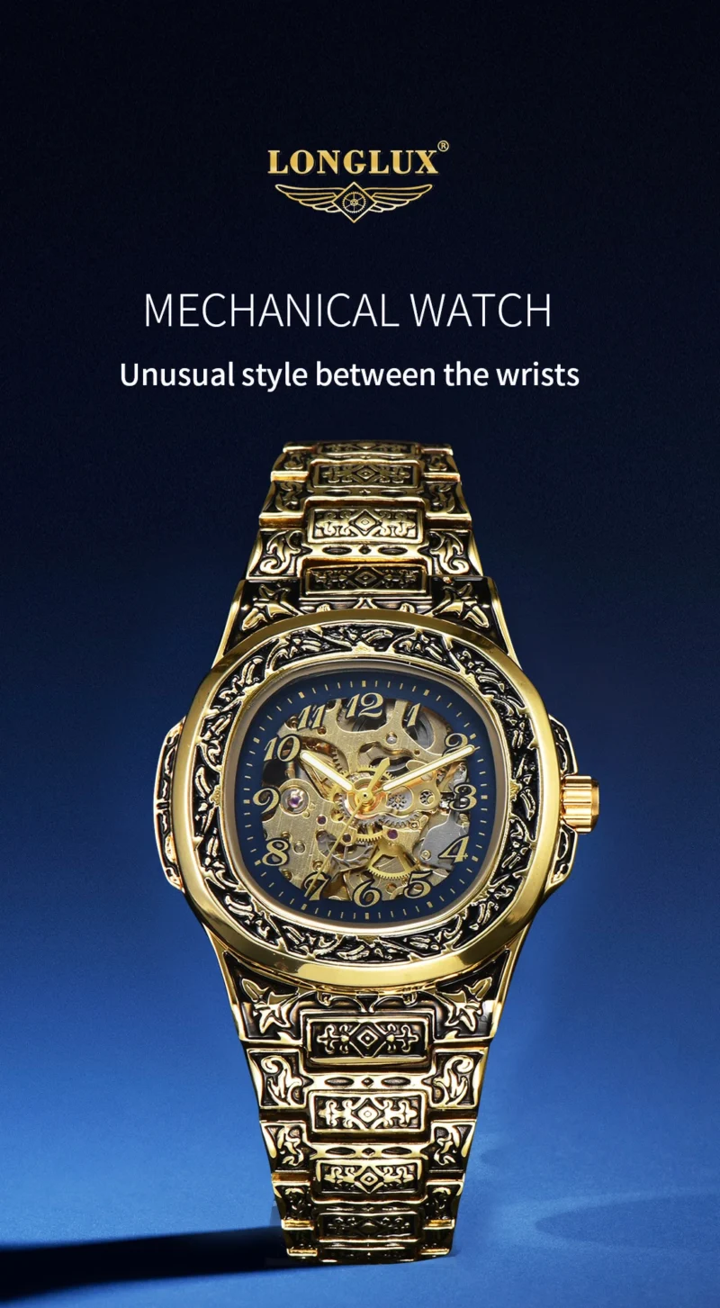 LONGLUX Automatic mechanical watch alloy steel vintage retro luxury waterproof skeleton ffordable 40mm wholesale Watch for Men