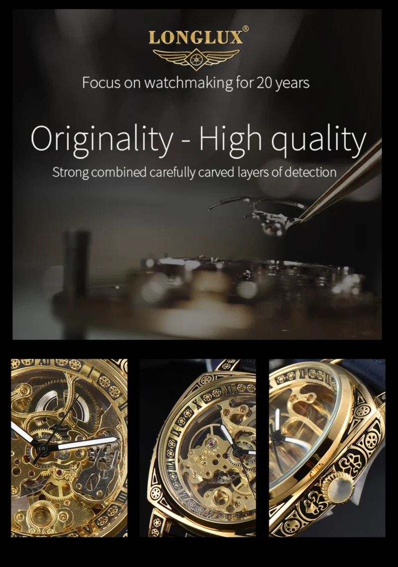 LONGLUX automatic watch retro style wholesale mechanical wristwatches skeleton carve waterproof leather no logo mens watch