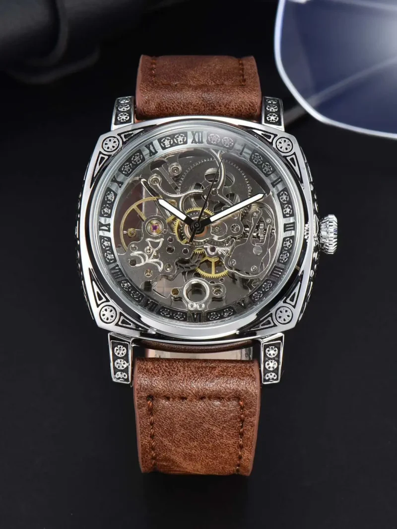 LONGLUX automatic watch retro style wholesale mechanical wristwatches skeleton carve waterproof leather no logo mens watch