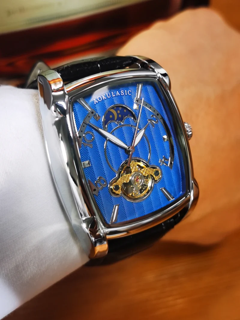 AOKULASIC Tourbillon Skeleton Mechanical Watch for Men Luminous Hands Leather Strap Fashion Business Mens Watches Top Brand Gift