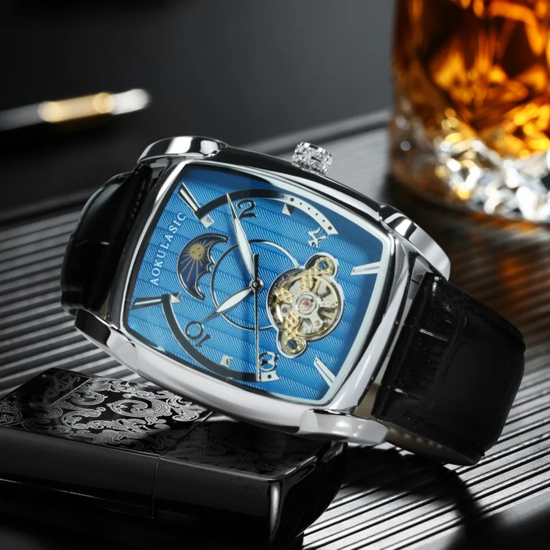 AOKULASIC Tourbillon Skeleton Mechanical Watch for Men Luminous Hands Leather Strap Fashion Business Mens Watches Top Brand Gift