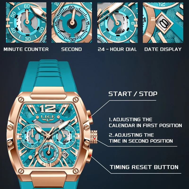 LIGE Sports Man Watch Tonnea Hollow Design Quartz Men Wristwatches Chronograph Waterproof Luminous Silicone Strap Watches Male
