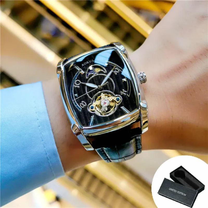AOKULASIC Tourbillon Skeleton Mechanical Watch for Men Luminous Hands Leather Strap Fashion Business Mens Watches Top Brand Gift