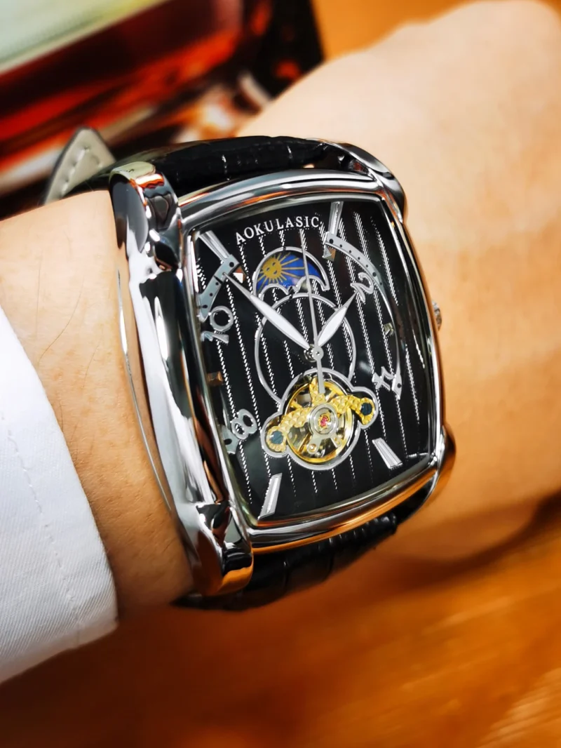 AOKULASIC Tourbillon Skeleton Mechanical Watch for Men Luminous Hands Leather Strap Fashion Business Mens Watches Top Brand Gift