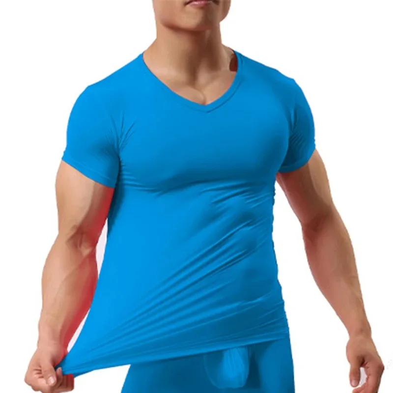 Men's Sheer Undershirts Man Ice Silk Mesh See through Basics Shirts Sexy Fitness Bodybuilding Underwear