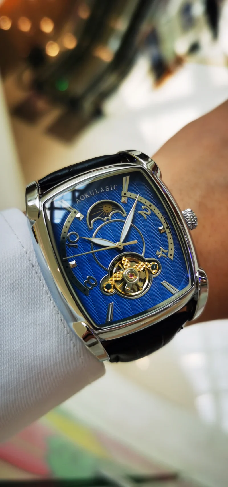 AOKULASIC Tourbillon Skeleton Mechanical Watch for Men Luminous Hands Leather Strap Fashion Business Mens Watches Top Brand Gift