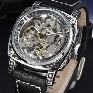 LONGLUX automatic watch retro style wholesale mechanical wristwatches skeleton carve waterproof leather no logo mens watch