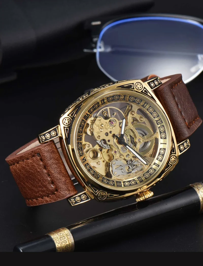LONGLUX automatic watch retro style wholesale mechanical wristwatches skeleton carve waterproof leather no logo mens watch