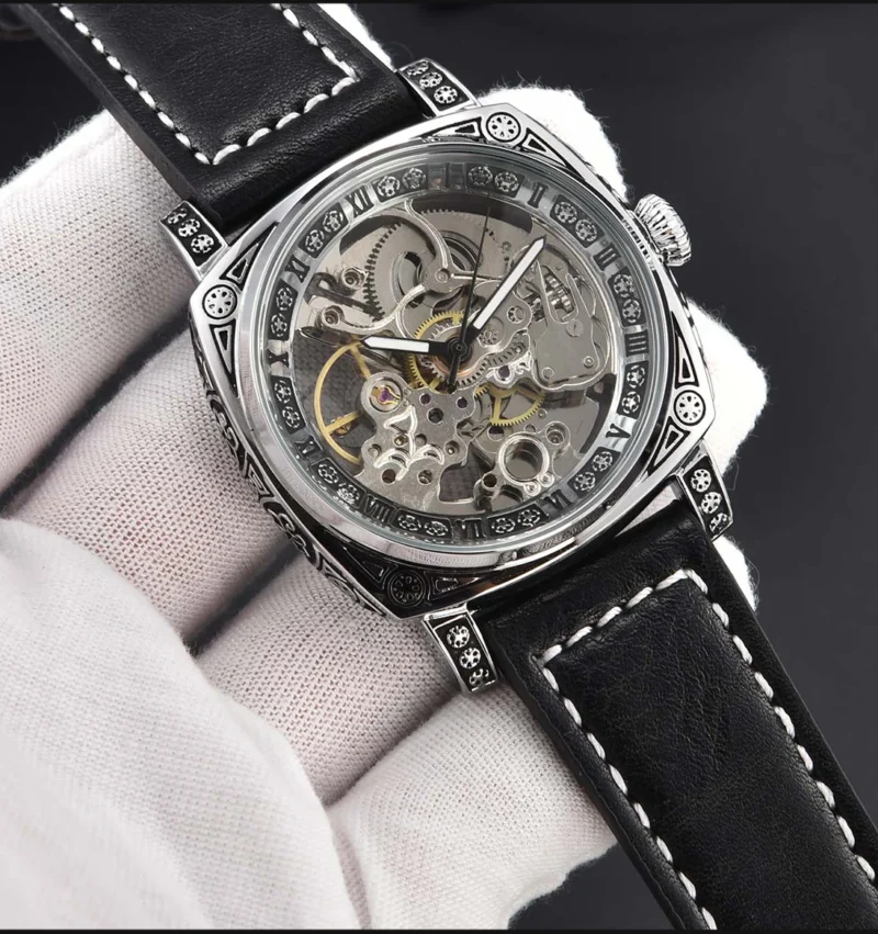 LONGLUX automatic watch retro style wholesale mechanical wristwatches skeleton carve waterproof leather no logo mens watch