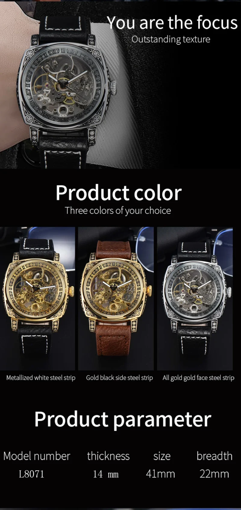 LONGLUX automatic watch retro style wholesale mechanical wristwatches skeleton carve waterproof leather no logo mens watch