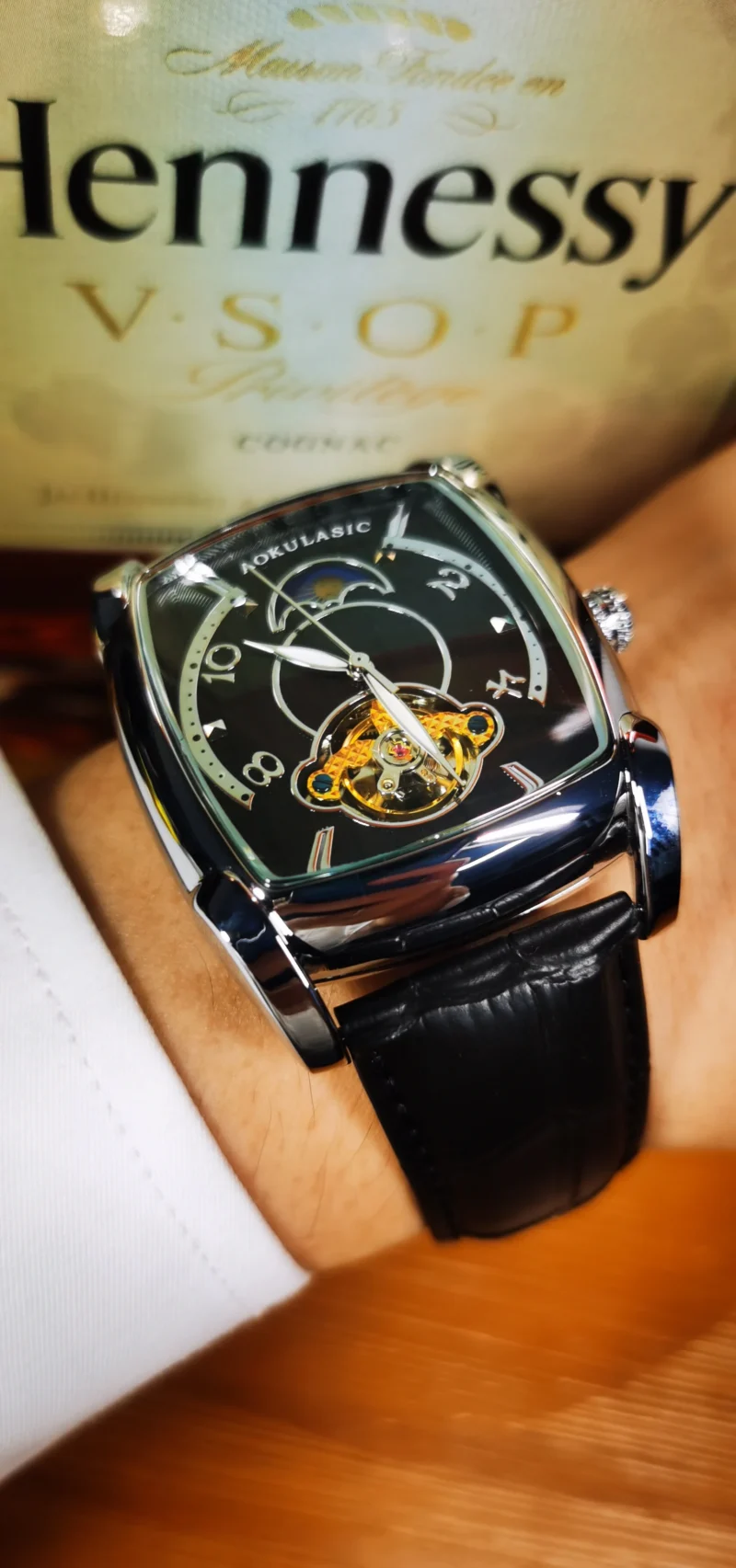 AOKULASIC Tourbillon Skeleton Mechanical Watch for Men Luminous Hands Leather Strap Fashion Business Mens Watches Top Brand Gift