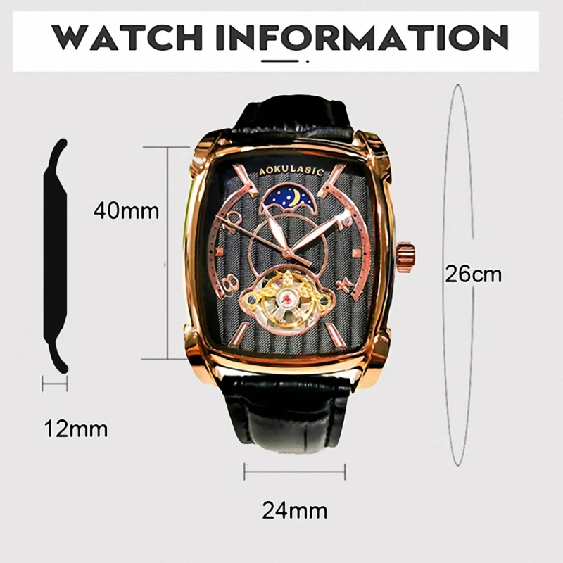 AOKULASIC Tourbillon Skeleton Mechanical Watch for Men Luminous Hands Leather Strap Fashion Business Mens Watches Top Brand Gift