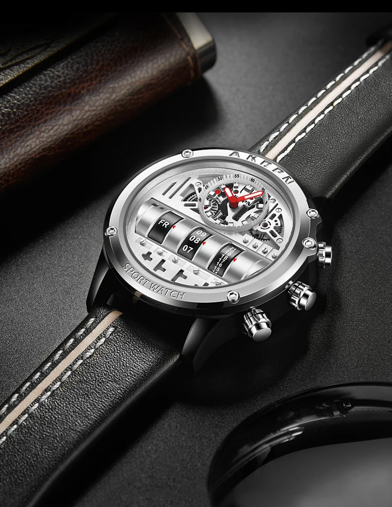 Luxury Mechanical Watch For Men Business Casual Watches Male Creative Men WristWatch Unique Rotate Date Leather Strap Watches