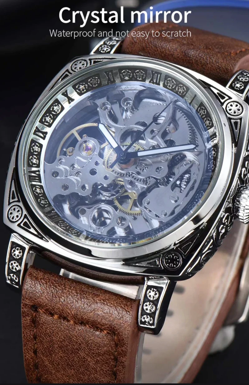 LONGLUX automatic watch retro style wholesale mechanical wristwatches skeleton carve waterproof leather no logo mens watch
