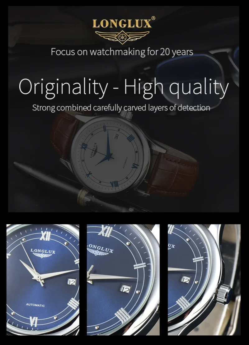 LONGLUX automatic man watch wholesale mechanical watches simple versatile date waterproof fashion leather man watch men gift