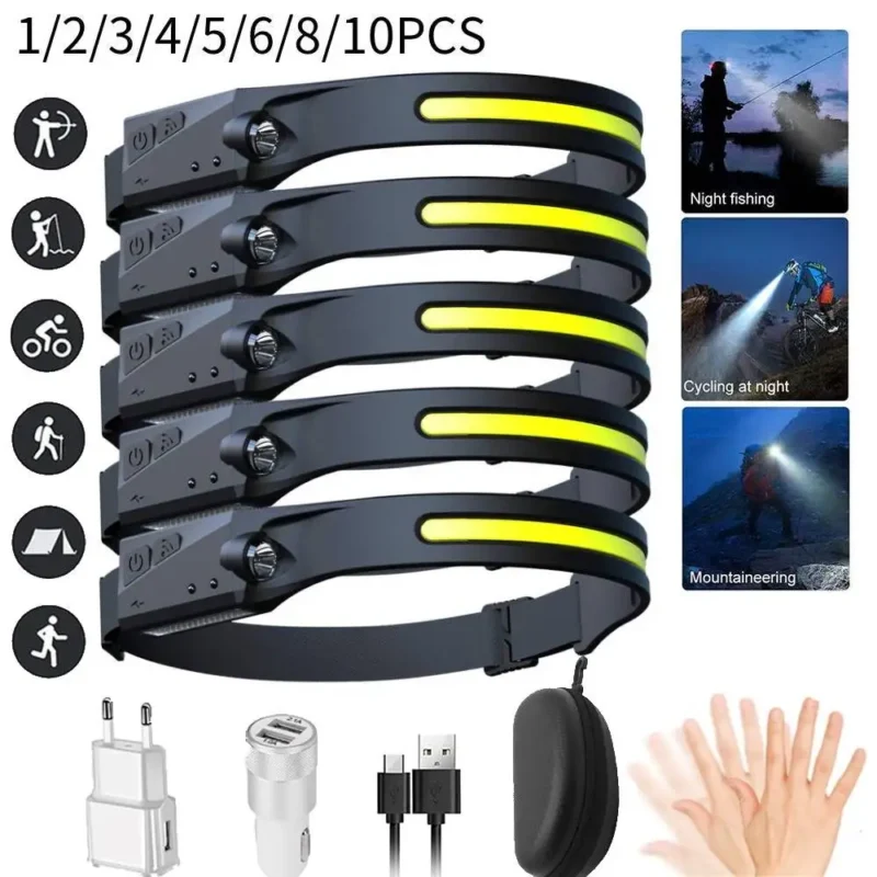 LED Headlight Work Headlamp USB Rechargeable Head Torch With 230 Degree Illumination Motion Sensor Headlamp 5 Modes Headtorch