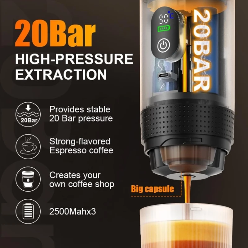 Portable Electric Espresso Machine Travel Coffee Maker Compatible with Ground Coffee and Nespresso Capsules  with LCD Screen