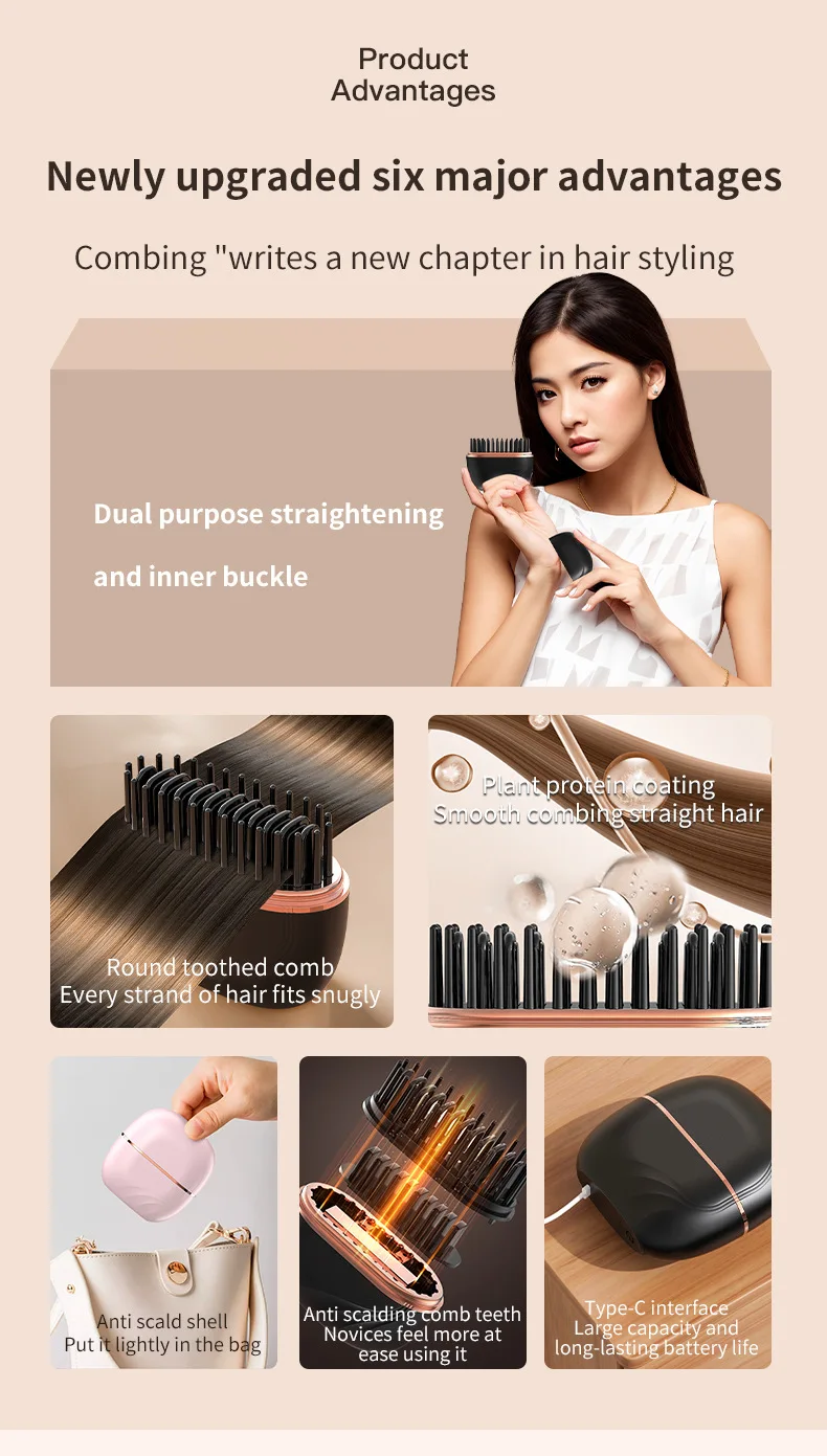 S1f6eab5bd59d4d1a925716c5468d114ac.webp 2025 New Mini Straightener Rechargeable Portable Hair Straightener Brush Anti-Scald Shell Cordless USB Charging Straighteners