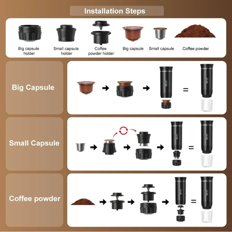 Portable Electric Espresso Machine Travel Coffee Maker Compatible with Ground Coffee and Nespresso Capsules  with LCD Screen