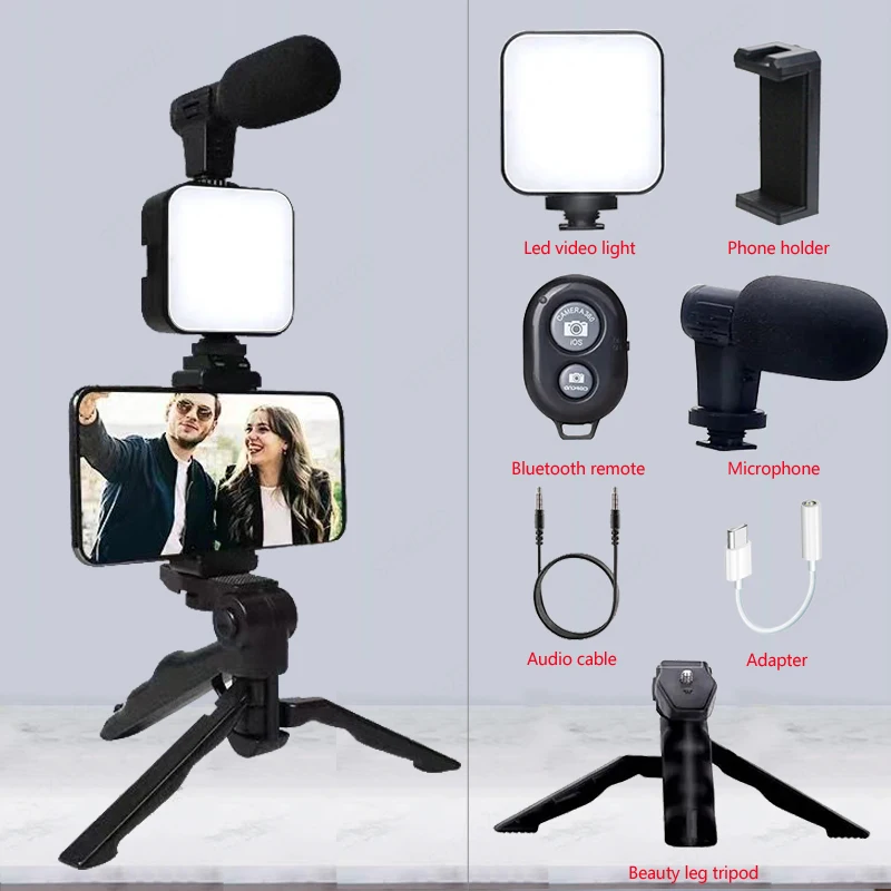 AY49 Smartphone Vlogging Kit With Tripod Phone Holder Mini Microphone LED Fill Light Starter For Live Stream Video YouTub