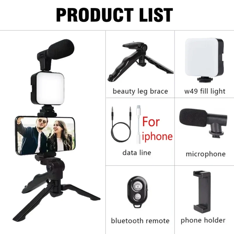 AY49 Smartphone Vlogging Kit With Tripod Phone Holder Mini Microphone LED Fill Light Starter For Live Stream Video YouTub