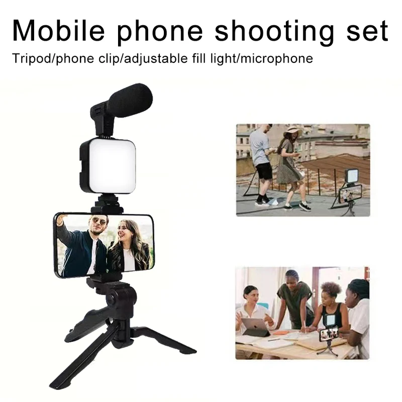 AY49 Smartphone Vlogging Kit With Tripod Phone Holder Mini Microphone LED Fill Light Starter For Live Stream Video YouTub