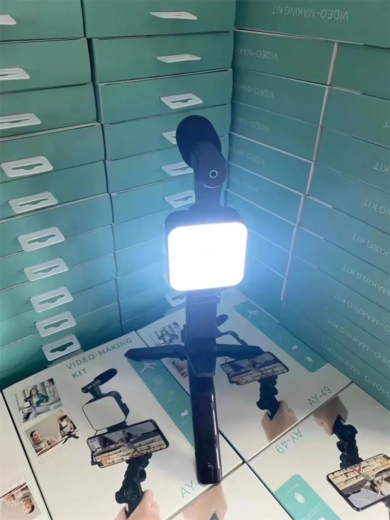 AY49 Smartphone Vlogging Kit With Tripod Phone Holder Mini Microphone LED Fill Light Starter For Live Stream Video YouTub