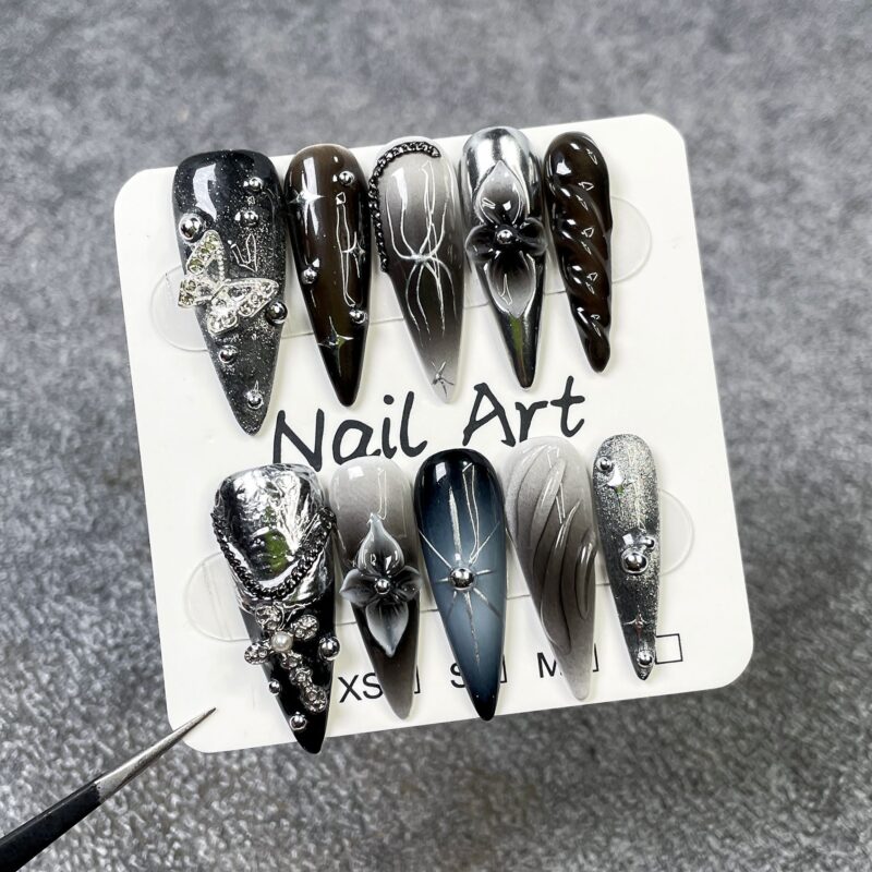 Long Pointed Cat Eye 3D Carved Gradient False Nails