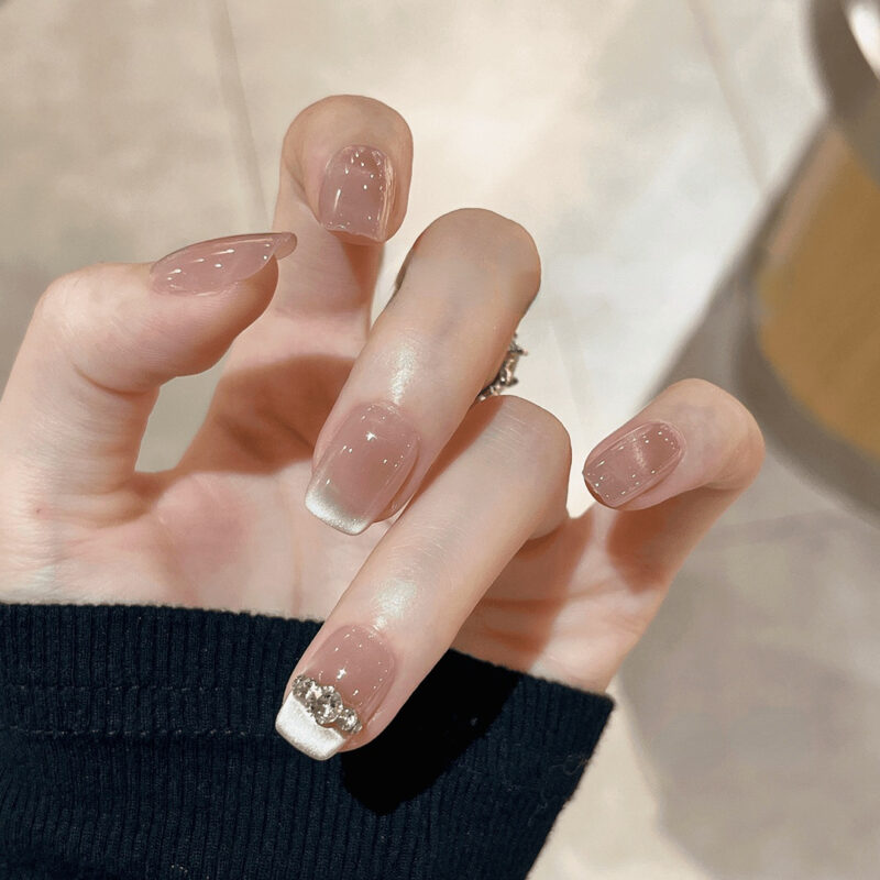 French Style Removable Fake Nails with Diamond Design
