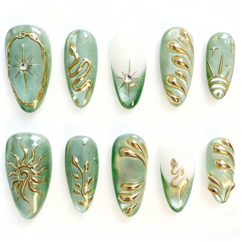 Almond Shaped French Manicure Nails with 3D Designs