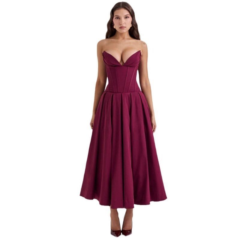 Spring women's dress, a sexy and hot girl sleeveless mid-length solid color strapless dress