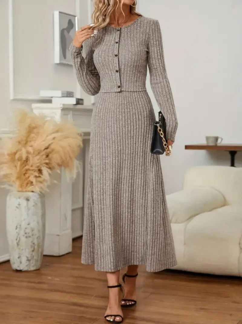 Elegant women's woolen dress set, autumn and winter half length skirt and cardigan set, 2-piece set, knitted matching set