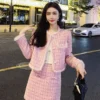 Winter Korean Fashion Women's Two Pieces Set Pink French Elegant Retro Office Lady Slimming Tweed Suit Set Blazer and Skirt Set