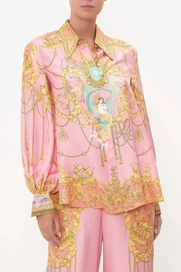 S04700522d2764ce8951abecc8d26dad7I.webp CHICEVER Casual Vacation Two Piece Set for Women Laple Long Sleeve Pink Printed Shirt High Waist Trousers Suit Female Autumn New