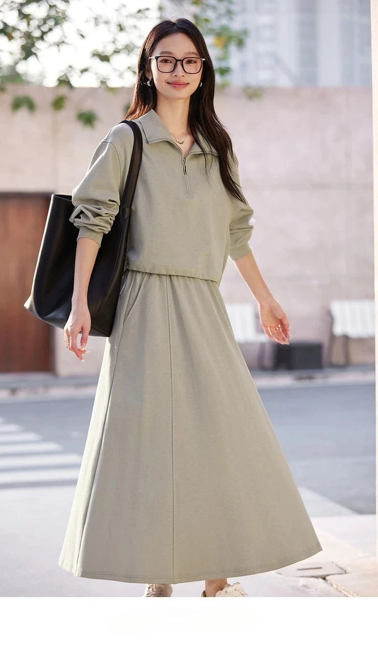 S06aae3d1b200441d9dcc69c51d3650faL.webp VIMLY 2 Piece Sweatshirt Skirt Set Woman Outfits 2026 Casual Cotton Blend Ladies Zipper Lapel Top Skirt Clothing Sets A0168